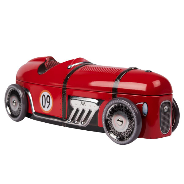 Roter Sportwagen mit drehbaren Rädern, Blechdose lebensmittelecht, max. 28 cm x 9 cm
