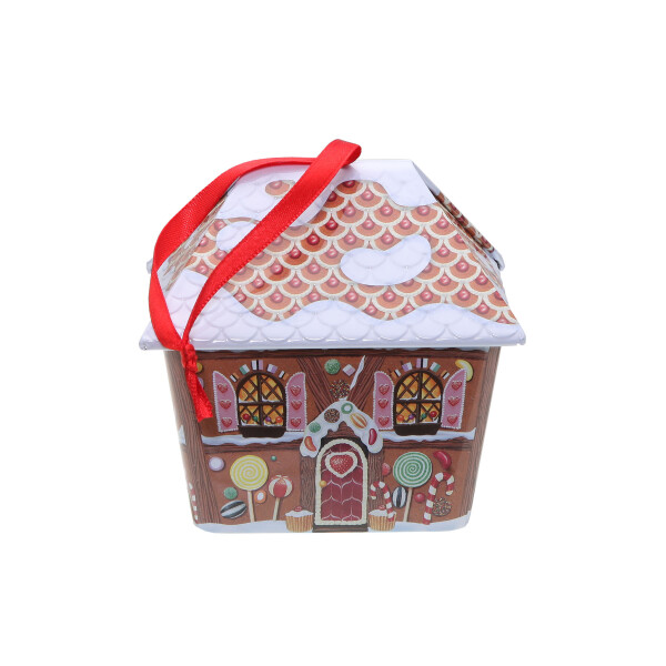 Blechdose & Baumschmuck "Mini Lebkuchen Häuschen" mit Band, lebensmittelecht, 10 x 10 cm, Weihnachts-Edition mit PH24 Backrezept