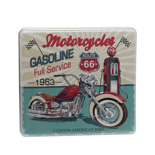 Nostalgische Blechdose Motorrad Tankstelle, Aufbewahrung lebensmittelecht, 23 x 21 cm mit PH24 Backrezept