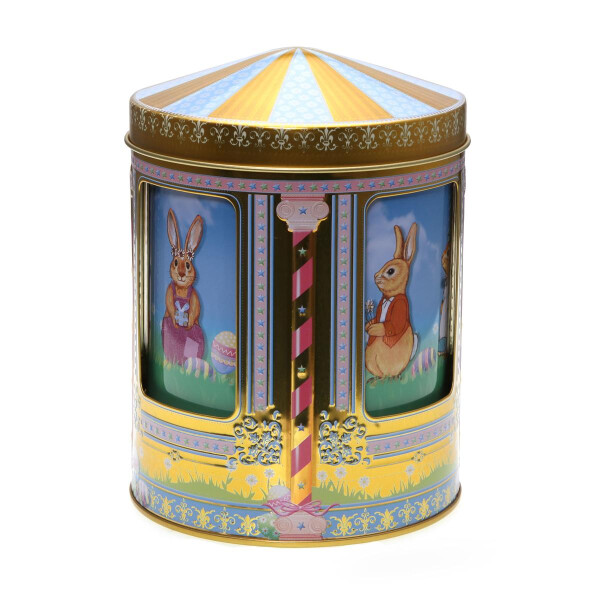 Klassische zylinderförmige Blechdose mit Spieluhr, Geschenkdose, nicht nur zu Ostern, lebensmittelecht, Ø 12 cm x 14,5 cm