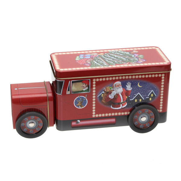 POWERHAUS24 Santas Truck winterliche Blechdose mit drehbaren Rädern, Geschenk, Aufbewahrung, Deko, Spielzeug, lebensmittelecht, ca. 24 cm x 11,5 cm, 2 Rezepte inklusive