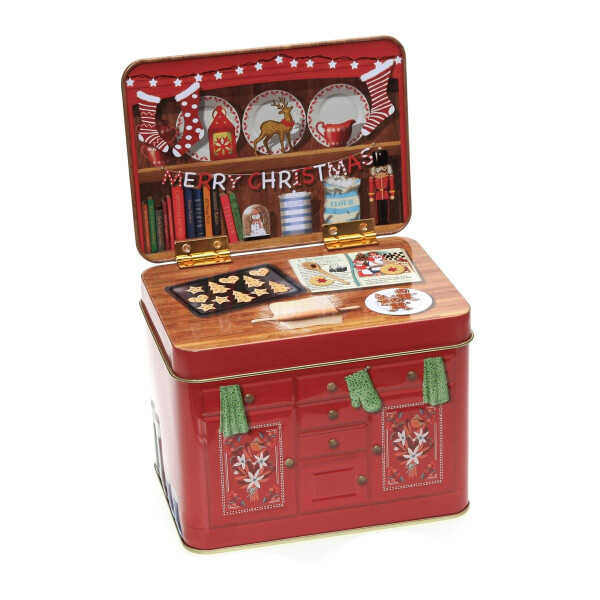 Blechdose "Weihnachts-Bäckerei", Aufbewahrung, Geschenkdose für Plätzchen & mehr, 14 cm x 11 cm x 10 cm, lebensmittelecht, mit Backrezept