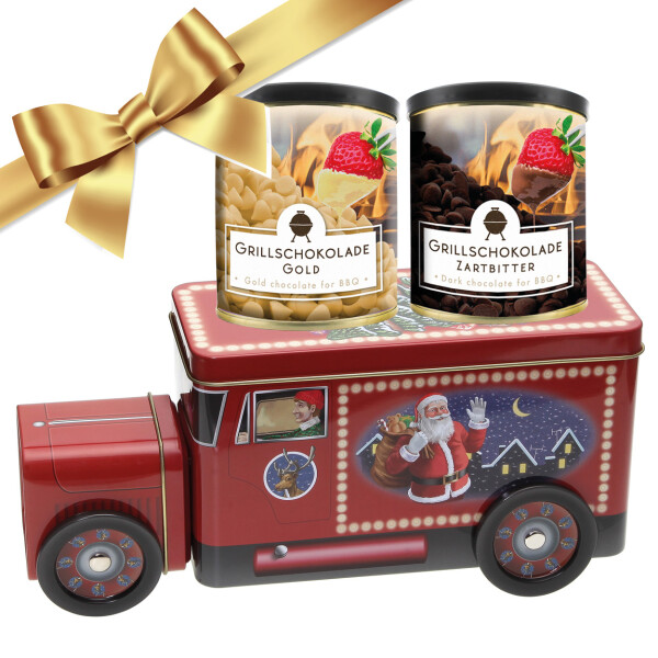 Weihnachts-Geschenk-Set Blechdose Santas Truck mit 2 Grillschokoladen Gold & Zartbitter, 2x 200g