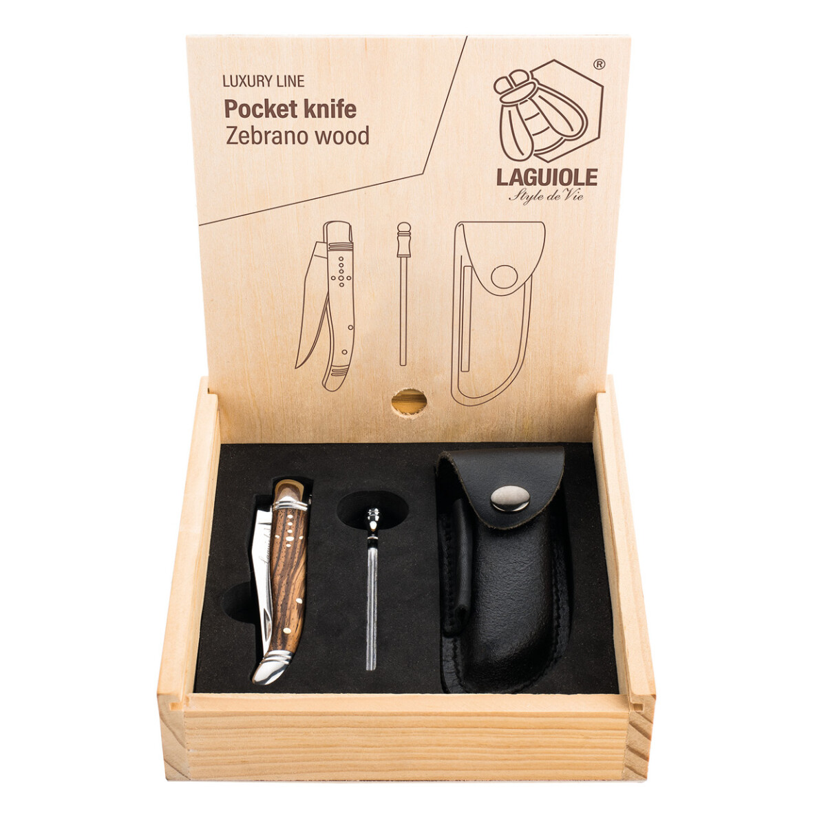 Laguiole Luxury Line Taschenmesser Zebranoholz mit Ledertasc