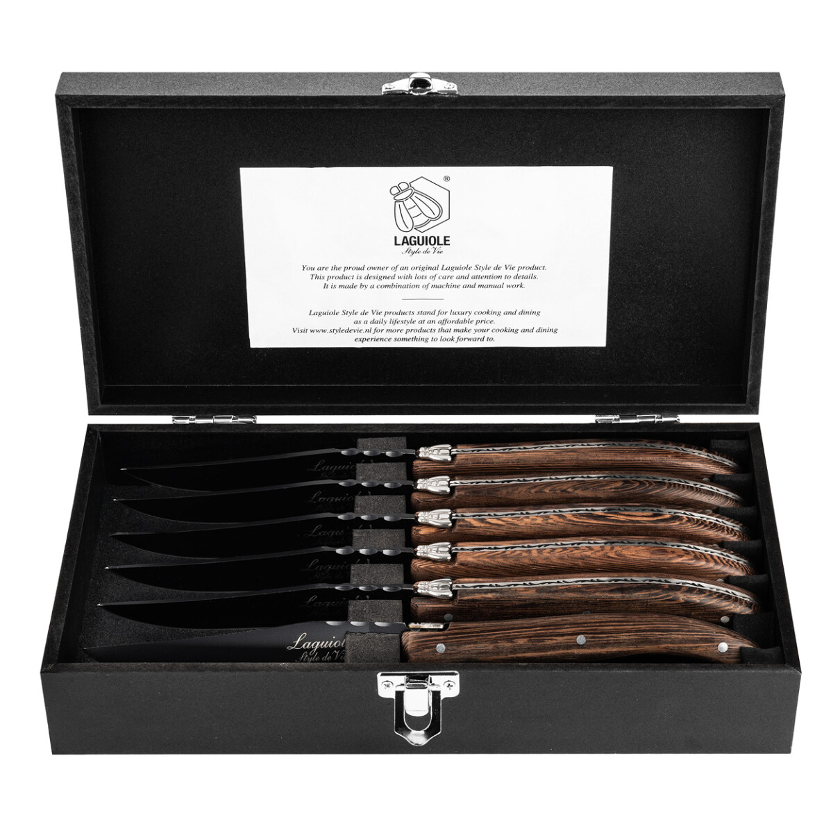 Laguiole Luxury Line 6 Steakmesser Wengé Holz mit Auf