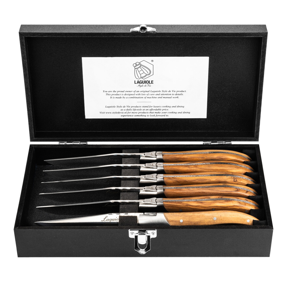 Laguiole Luxury Line 6 Steakmesser Olivenholz mit Aufbewahru