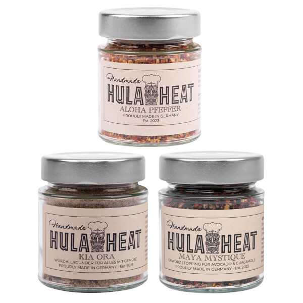 HULAHEAT Gourmet Trio Aloha Pfeffer 60g, Maya Mystique 70g & Kia Ora Würz-Allrounder 55g